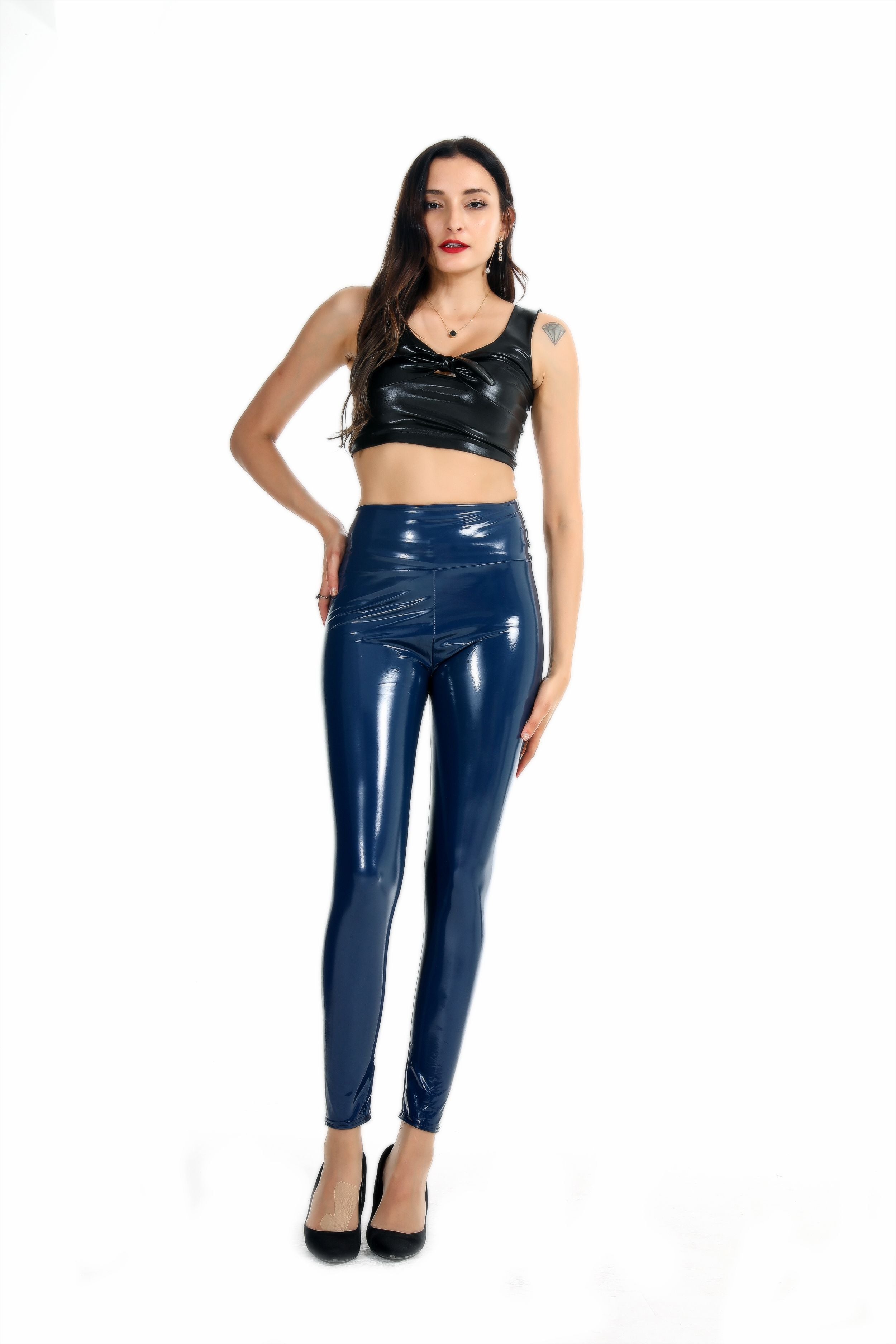 Leggings elásticos de cintura alta con revestimiento de espejo, sexys, de látex y cuero brillante para mujer
