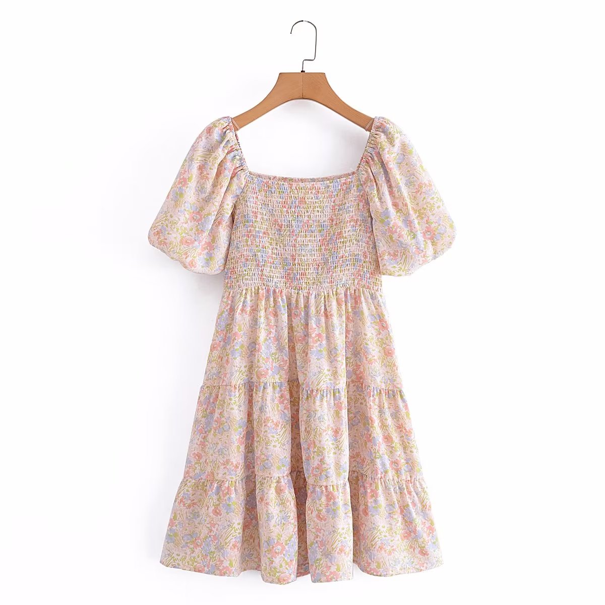 Women Casual Square Collar Elastic Summer Short Sleeve Dress Short Dress AAZZ