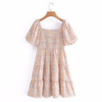 Women Casual Square Collar Elastic Summer Short Sleeve Dress Short Dress AAZZ