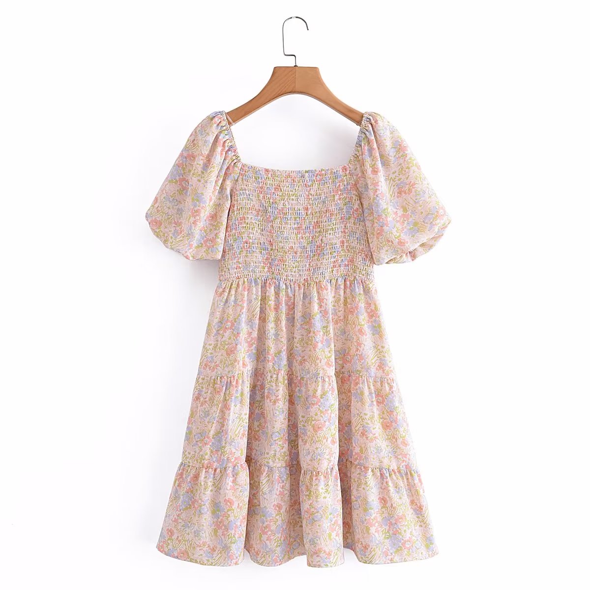 Women Casual Square Collar Elastic Summer Short Sleeve Dress Short Dress AAZZ