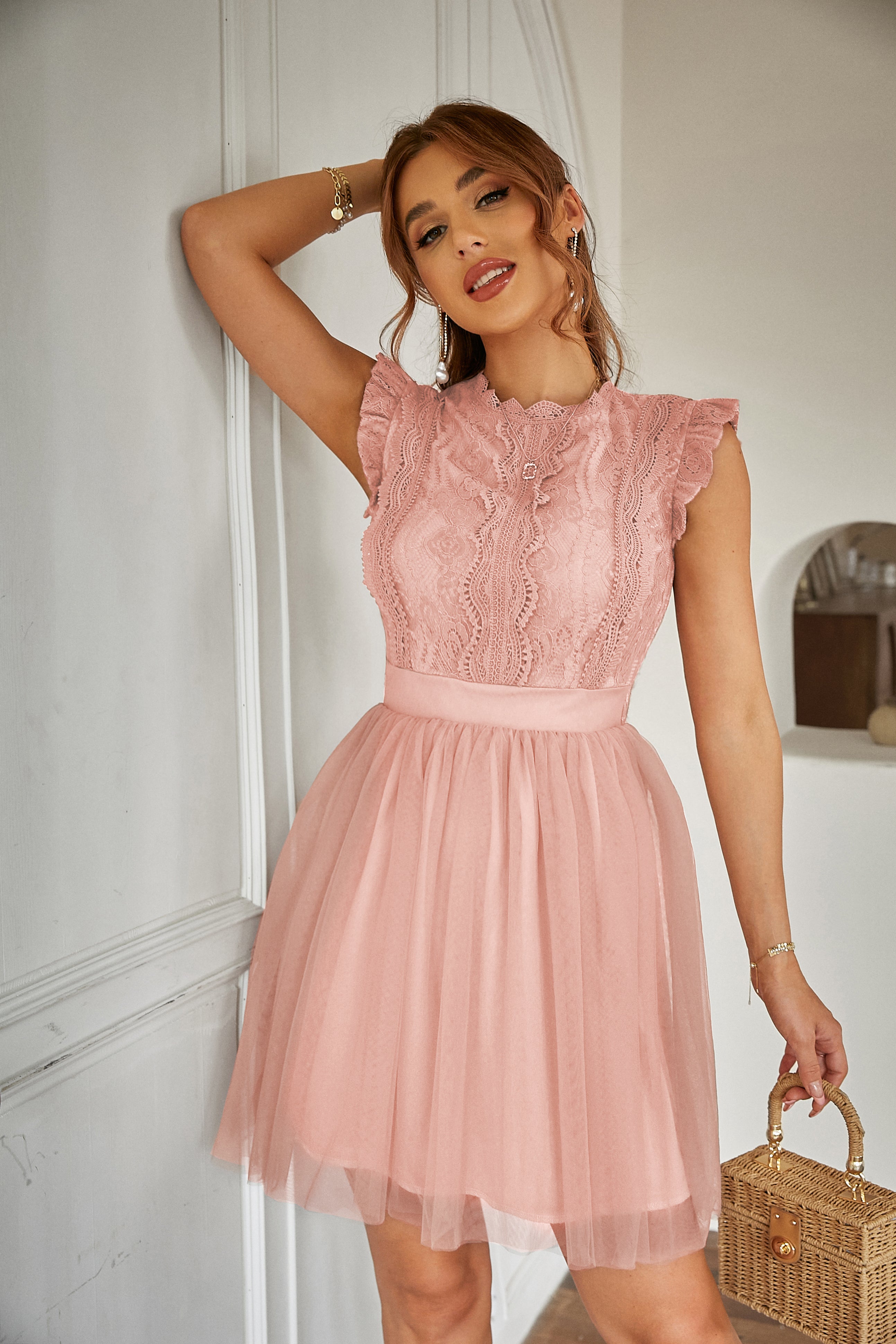Women Summer Lace Tulle Short Sleeve Round Neck Elegant Dress Simplee