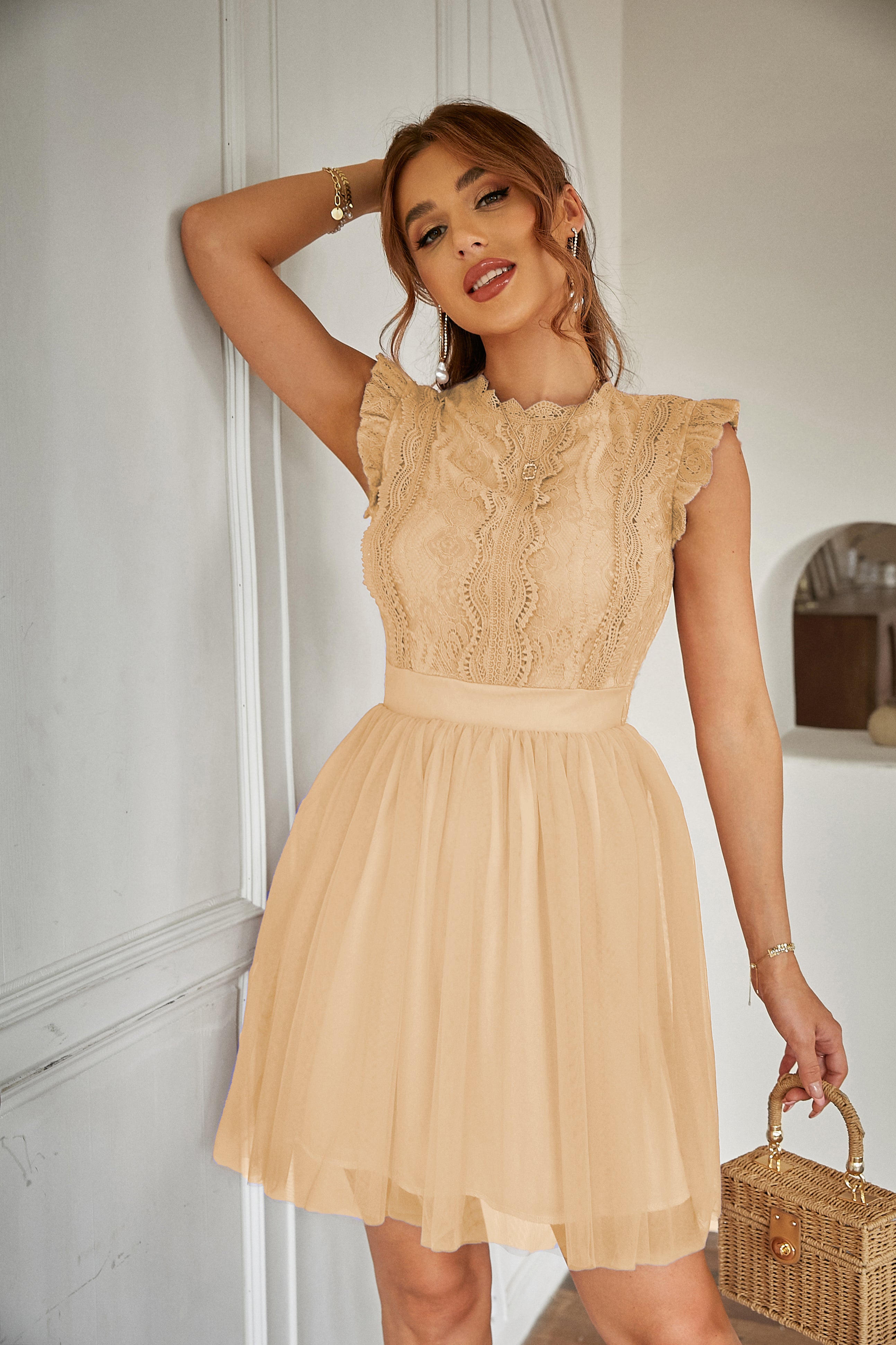 Women Summer Lace Tulle Short Sleeve Round Neck Elegant Dress Simplee