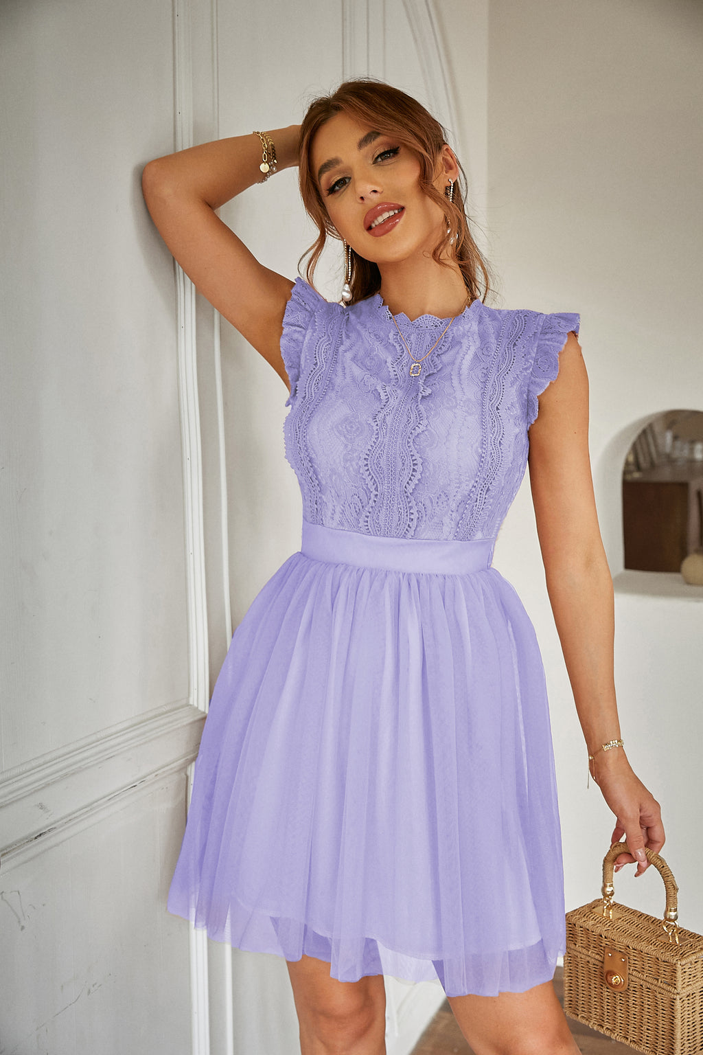 Women Summer Lace Tulle Short Sleeve Round Neck Elegant Dress Simplee