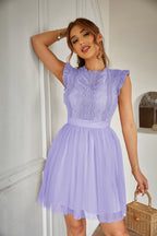 Women Summer Lace Tulle Short Sleeve Round Neck Elegant Dress Simplee