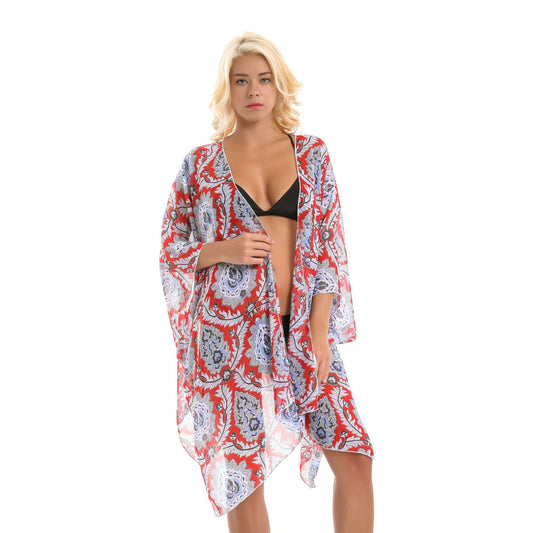 Blusa tipo cárdigan de gasa con estampado floral de ratán étnico y protección solar