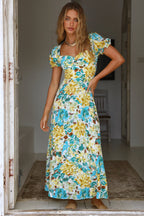 Women Summer New Elegant Holiday French Print Short Sleeve Long Dress LittlePineapple