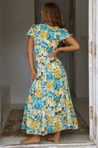 Women Summer New Elegant Holiday French Print Short Sleeve Long Dress LittlePineapple