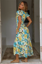 Women Summer New Elegant Holiday French Print Short Sleeve Long Dress LittlePineapple