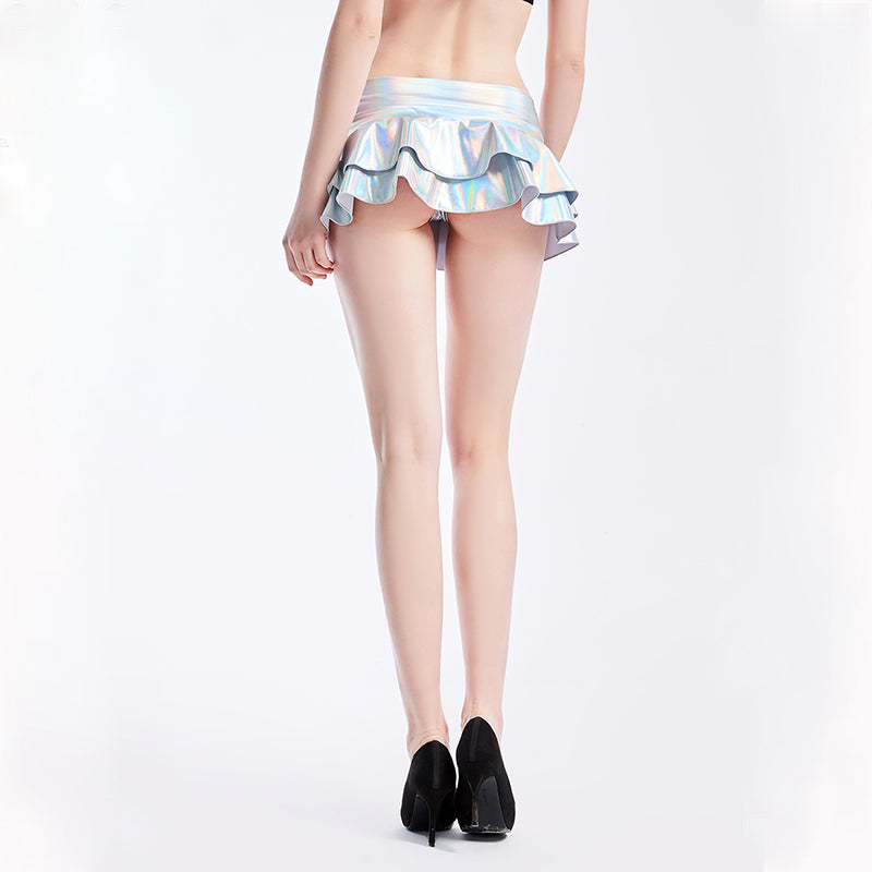 Minifalda sexy de doble capa de cuero sintético, falda de cintura baja, vestido sexy, ropa de rendimiento