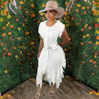 Women Clothing Casual Solid Color Knitted Sleeveless Tassel Dress TRSC
