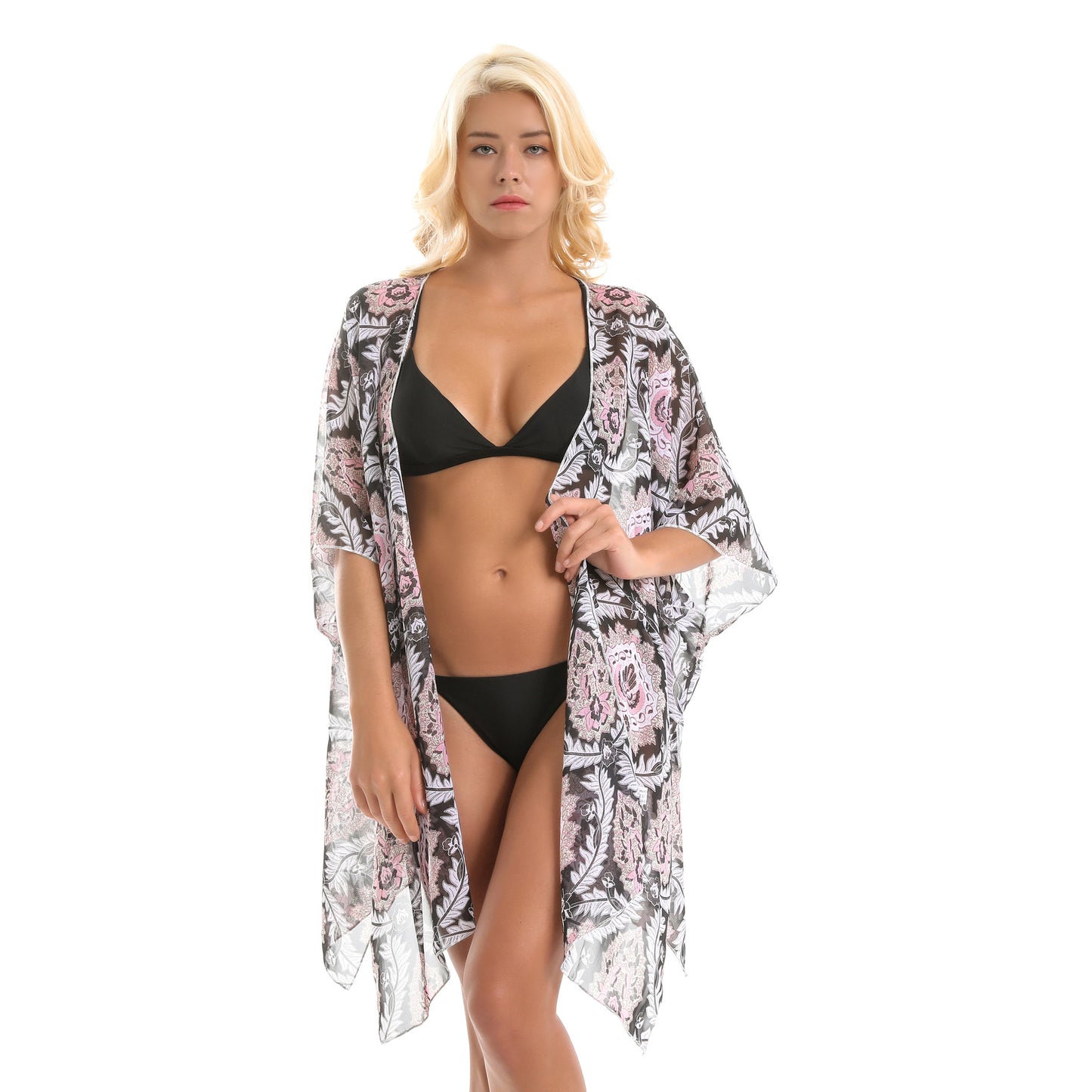 Blusa tipo cárdigan de gasa con estampado floral de ratán étnico y protección solar