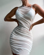 Solid Color Sexy Oblique Shoulder Dress Trendy Pleated Hip Dress Menara