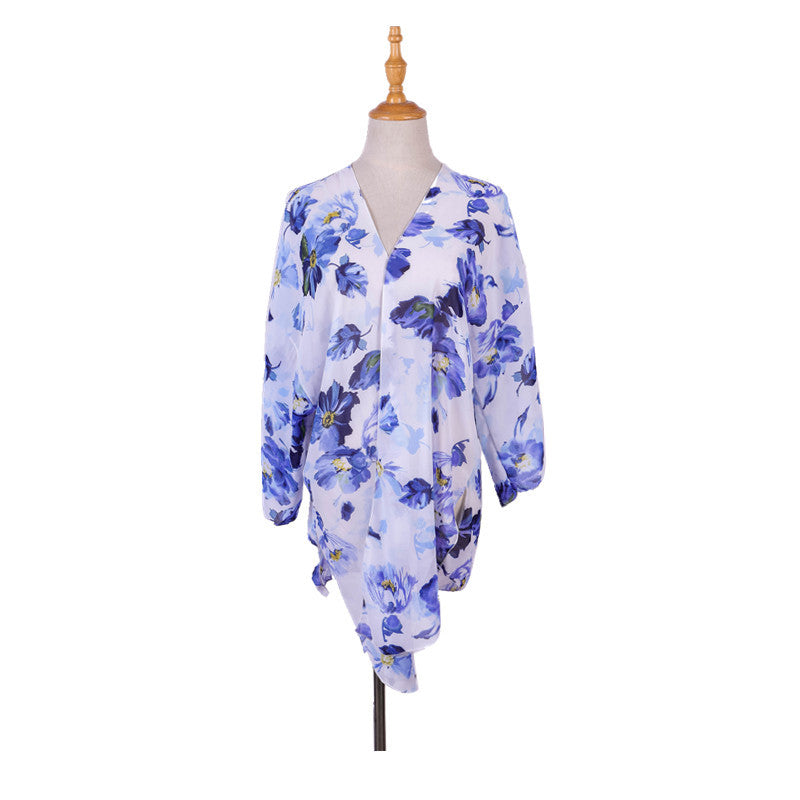 Spring Summer Fresh Blue Floral Light Chiffon Sunshade Beach Cover Up Half Sleeve Cardigan