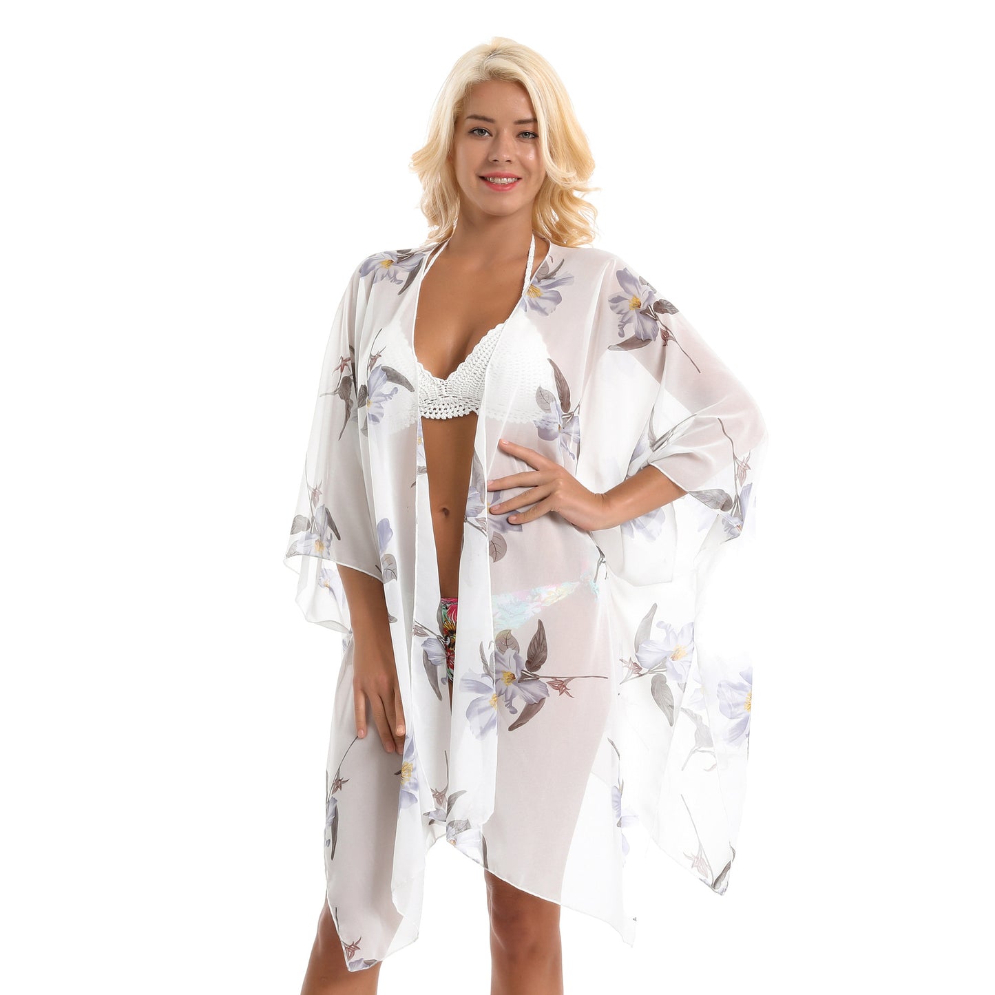 Chaqueta de gasa tipo bikini para playa, con estampado de orquídeas, para vacaciones y protección solar