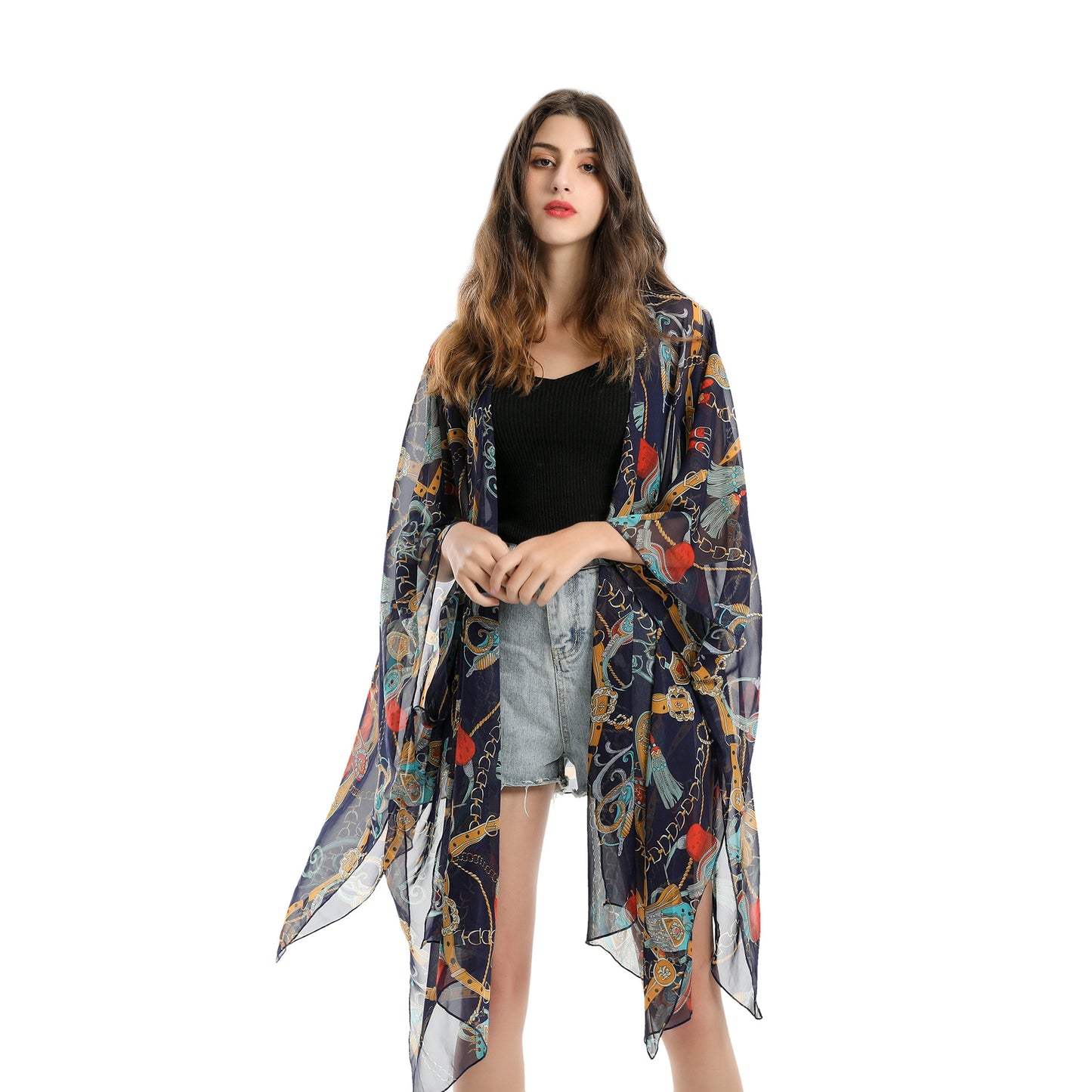 Blusa de traje de baño de gasa con estampado geométrico abstracto de moda de verano, cárdigan de bikini ligero con protección solar