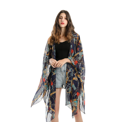 Blusa de traje de baño de gasa con estampado geométrico abstracto de moda de verano, cárdigan de bikini ligero con protección solar