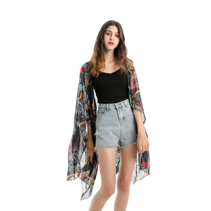 Blusa de traje de baño de gasa con estampado geométrico abstracto de moda de verano, cárdigan de bikini ligero con protección solar