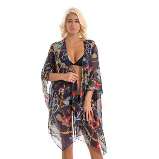 Blusa de traje de baño de gasa con estampado geométrico abstracto de moda de verano, cárdigan de bikini ligero con protección solar