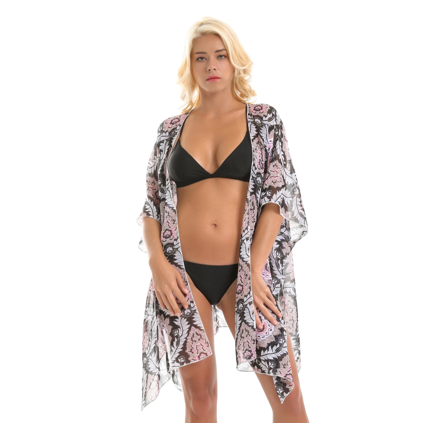 Blusa tipo cárdigan de gasa con estampado floral de ratán étnico y protección solar