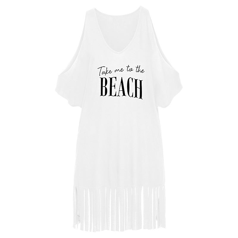 Blusa de bikini holgada de algodón con hombros descubiertos y estampado de borlas para playa, abrigo, protección solar