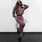 Ensemble automne-hiver femme : haut à manches longues, pantalon décontracté, fermeture éclair double poche et cordon de serrage, coloris uni.