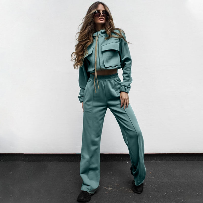 Ensemble automne-hiver femme : haut à manches longues, pantalon décontracté, fermeture éclair double poche et cordon de serrage, coloris uni.