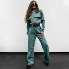 Ensemble automne-hiver femme : haut à manches longues, pantalon décontracté, fermeture éclair double poche et cordon de serrage, coloris uni.