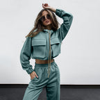 Ensemble automne-hiver femme : haut à manches longues, pantalon décontracté, fermeture éclair double poche et cordon de serrage, coloris uni.