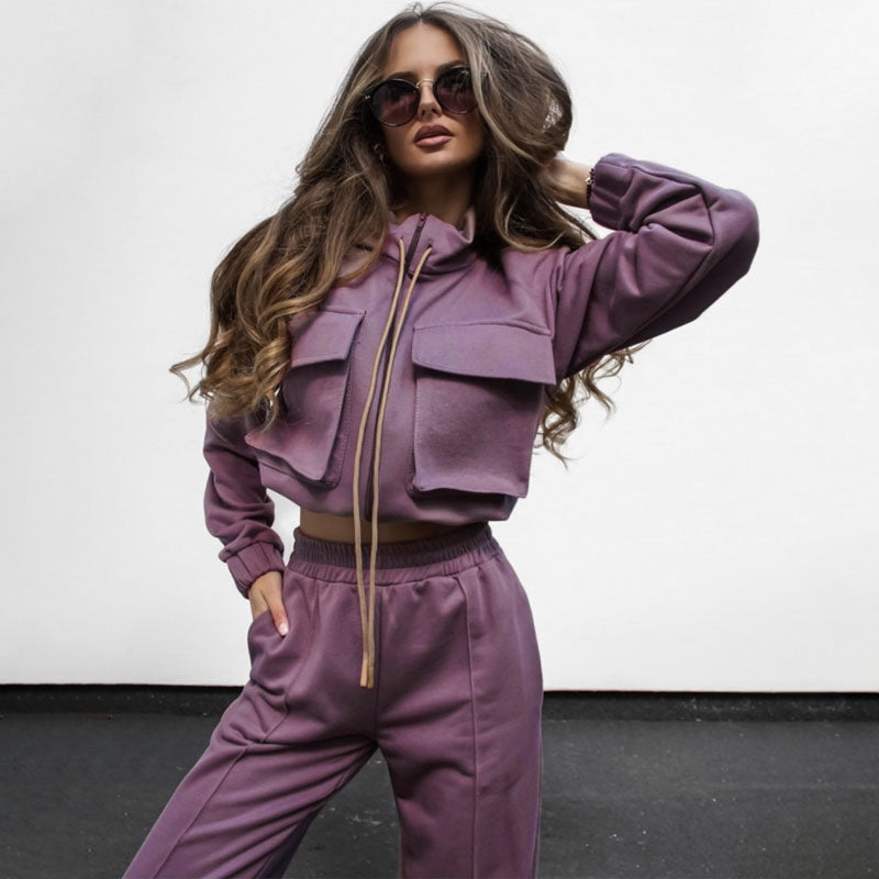 Ensemble automne-hiver femme : haut à manches longues, pantalon décontracté, fermeture éclair double poche et cordon de serrage, coloris uni.