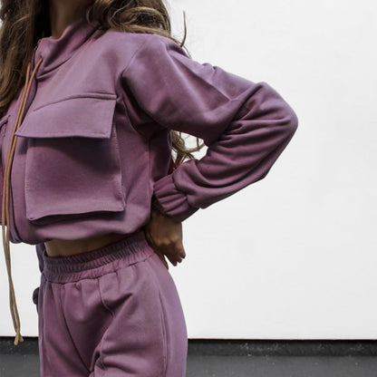 Ensemble automne-hiver femme : haut à manches longues, pantalon décontracté, fermeture éclair double poche et cordon de serrage, coloris uni.