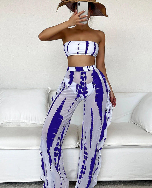 Swimwear Women Split Three Piece Tube Top Printing Multicolor Trousers Bikini