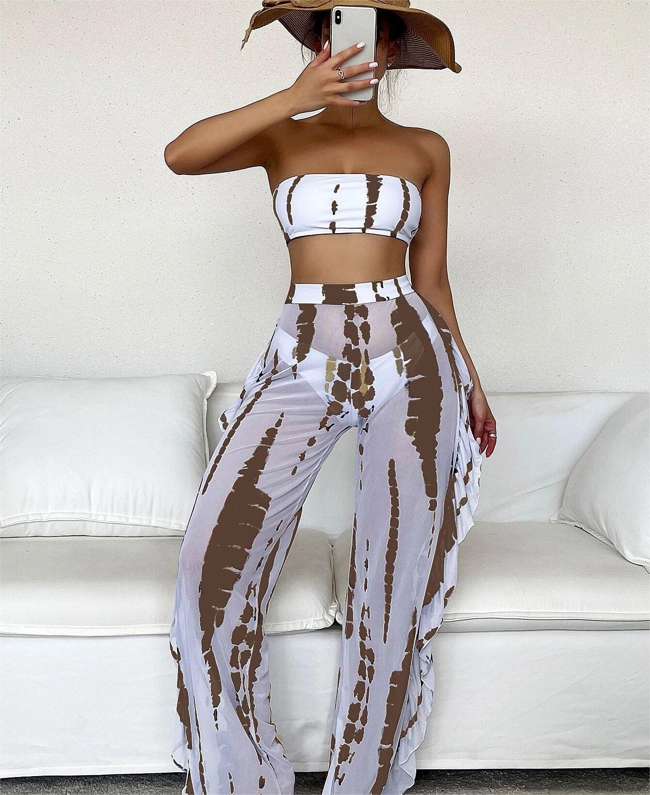 Swimwear Women Split Three Piece Tube Top Printing Multicolor Trousers Bikini