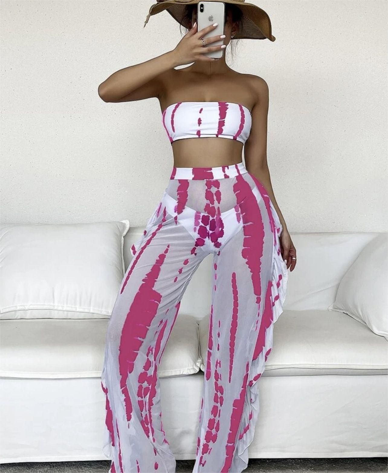 Swimwear Women Split Three Piece Tube Top Printing Multicolor Trousers Bikini