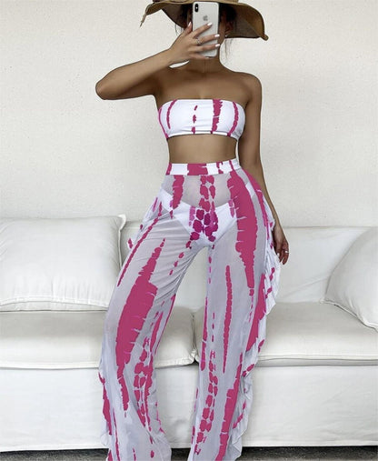 Swimwear Women Split Three Piece Tube Top Printing Multicolor Trousers Bikini