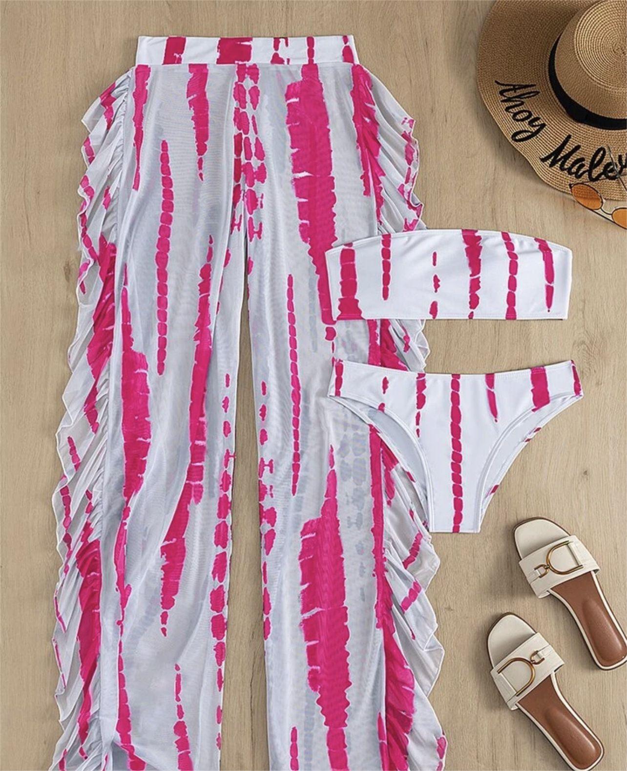 Swimwear Women Split Three Piece Tube Top Printing Multicolor Trousers Bikini