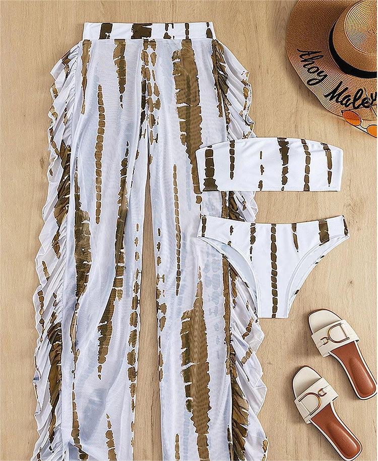 Swimwear Women Split Three Piece Tube Top Printing Multicolor Trousers Bikini