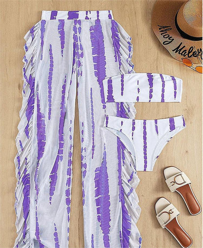 Swimwear Women Split Three Piece Tube Top Printing Multicolor Trousers Bikini
