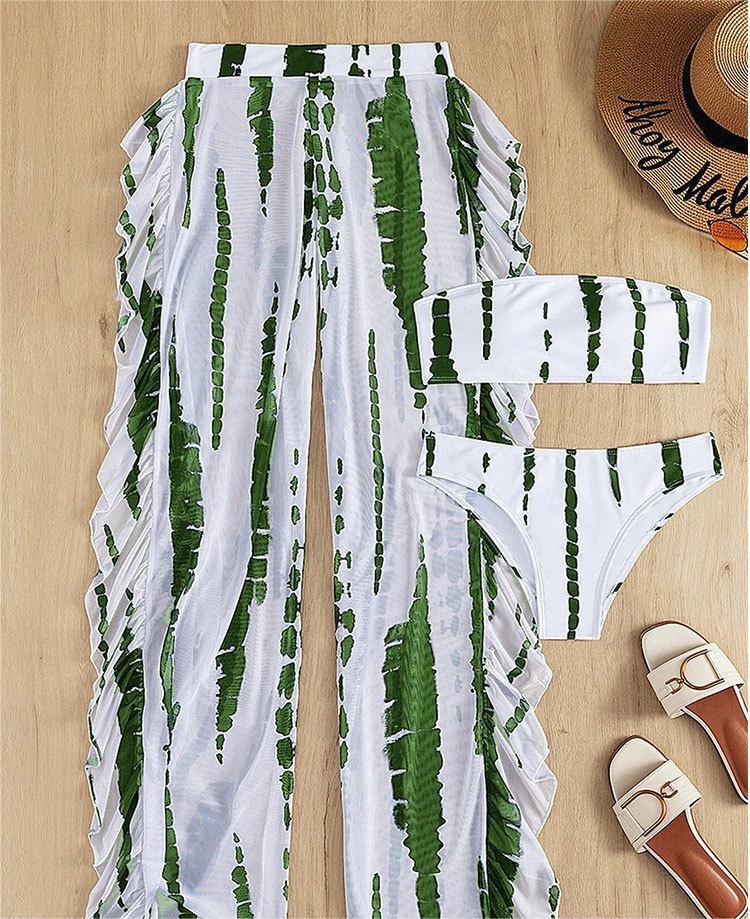 Swimwear Women Split Three Piece Tube Top Printing Multicolor Trousers Bikini