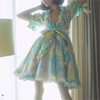 V Neck Ruffled Large Swing Dress Fresh Sweet Dress Spring Summer Lace Up Dress Women Yvonne