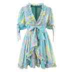 V Neck Ruffled Large Swing Dress Fresh Sweet Dress Spring Summer Lace Up Dress Women Yvonne