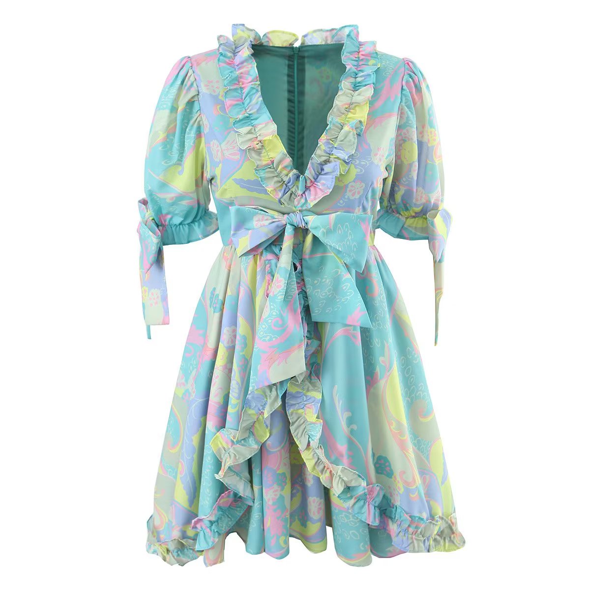 V Neck Ruffled Large Swing Dress Fresh Sweet Dress Spring Summer Lace Up Dress Women Yvonne