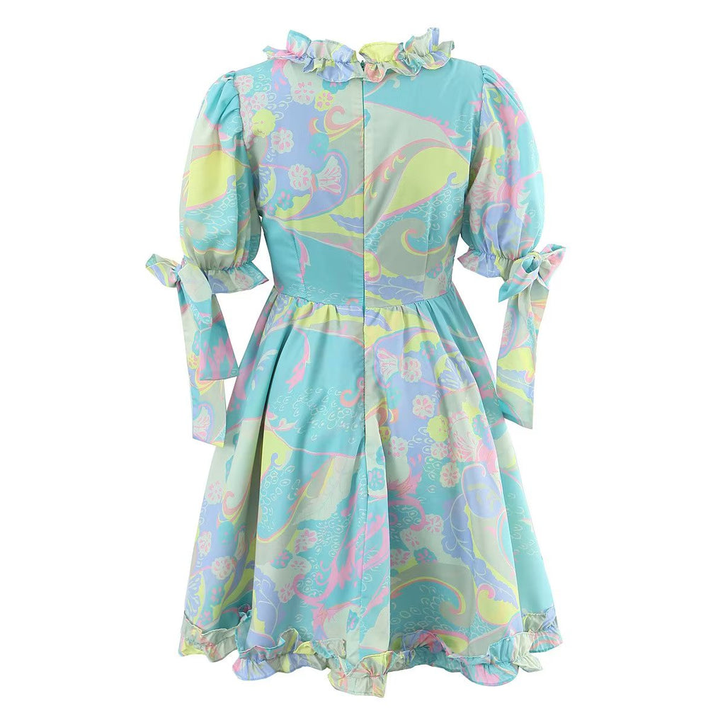V Neck Ruffled Large Swing Dress Fresh Sweet Dress Spring Summer Lace Up Dress Women Yvonne