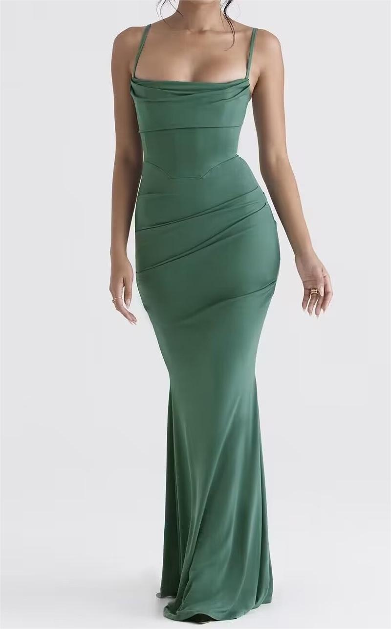 Sexy Sexy Pleated Boning Corset Strap Dress Summer Waisted Slim Fit Package Hip Dress Pearmain