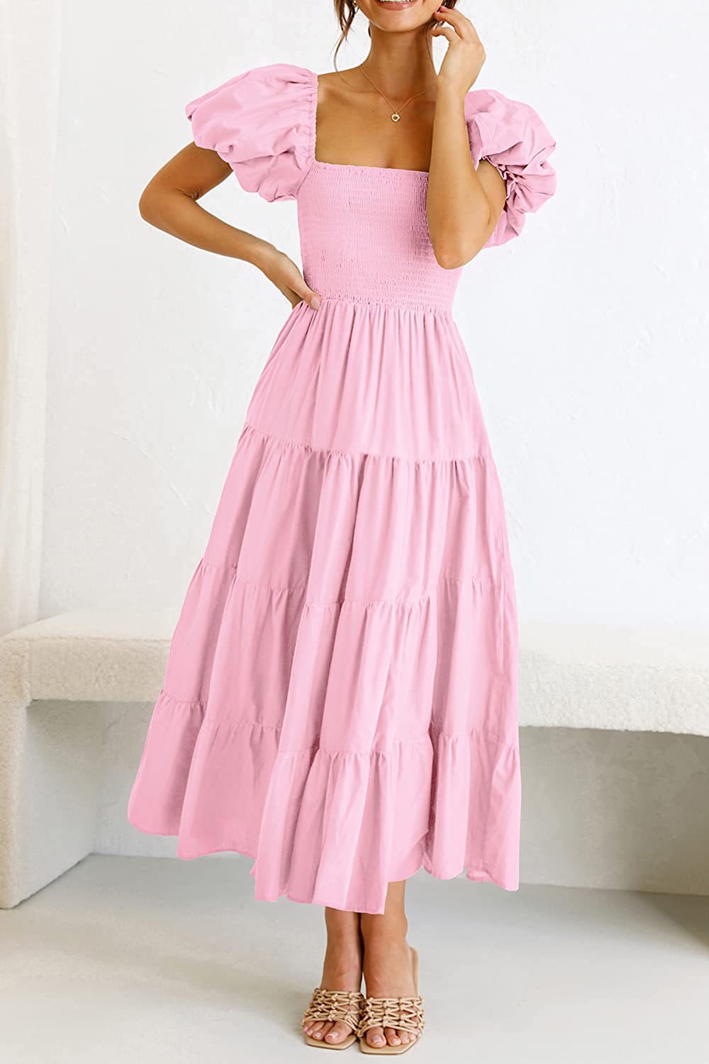 Summer Women Clothing Square Collar Backless Puff Sleeve Pleated Short Sleeves Dress EdieBeauty