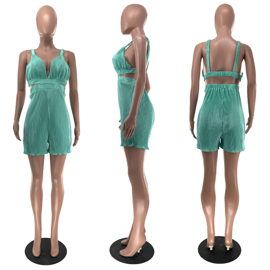 Women Clothing Summer Sexy Sleeveless V neck Folding Suspender Jumpsuit Fanti