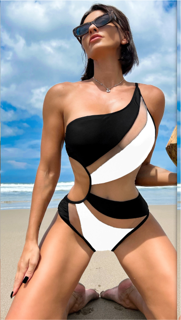 Bikinx Contrast Mesh One Shoulder One Piece Swimsuit
