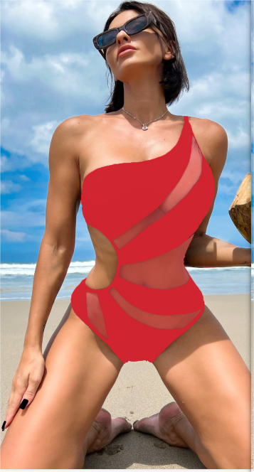 Bikinx Contrast Mesh One Shoulder One Piece Swimsuit