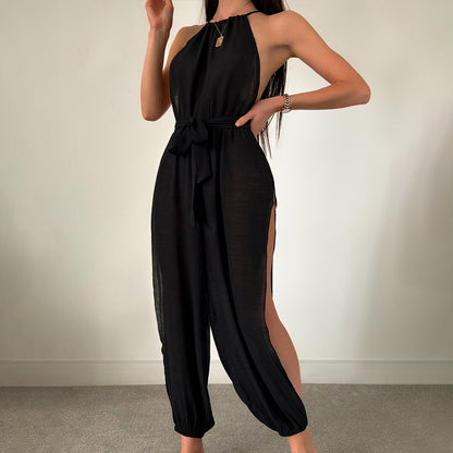 Sleeveless Beach Cover Up Solid Color All Matching Tied Jumpsuit Slim Fit Slimming Sun Protection Clothing Women