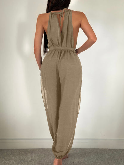 Sleeveless Beach Cover Up Solid Color All Matching Tied Jumpsuit Slim Fit Slimming Sun Protection Clothing Women