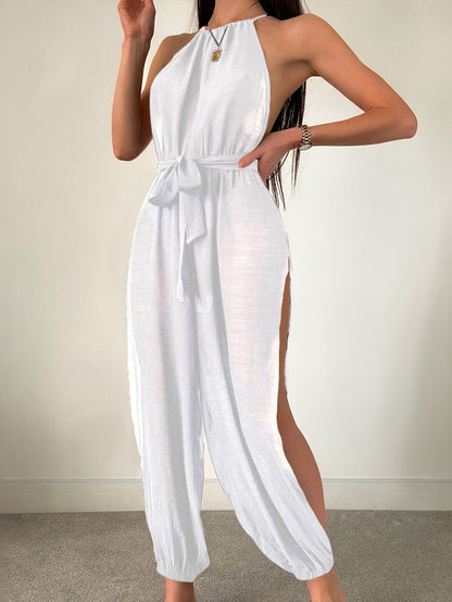 Sleeveless Beach Cover Up Solid Color All Matching Tied Jumpsuit Slim Fit Slimming Sun Protection Clothing Women
